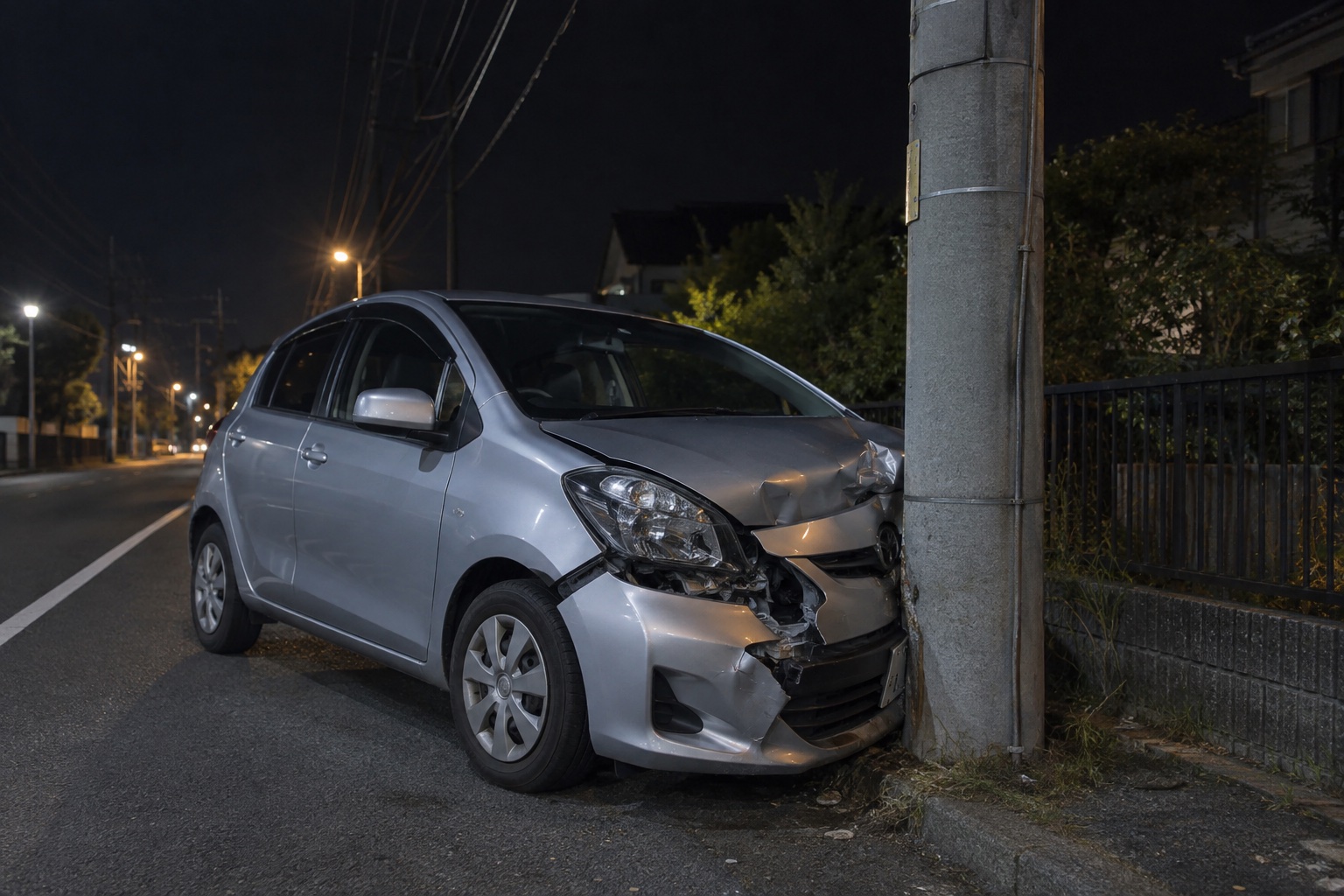 夜間、電柱に接触して車の前方が破損している対応イメージ